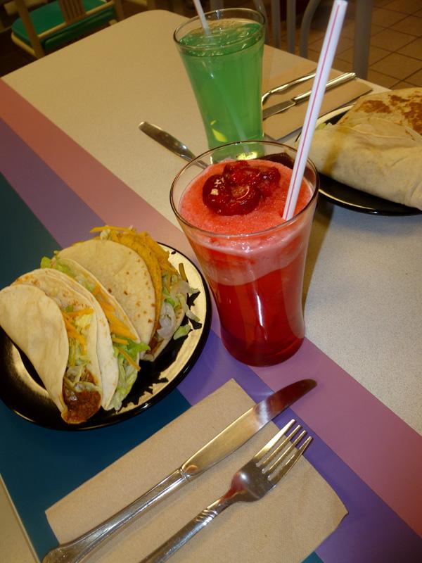 From left to right: the double-shelled beef taco meal with two soft shell beef tacos, Virgin Strawberry Margarita, and the grilled beef taco sandwich meal with a soft shell beef taco.