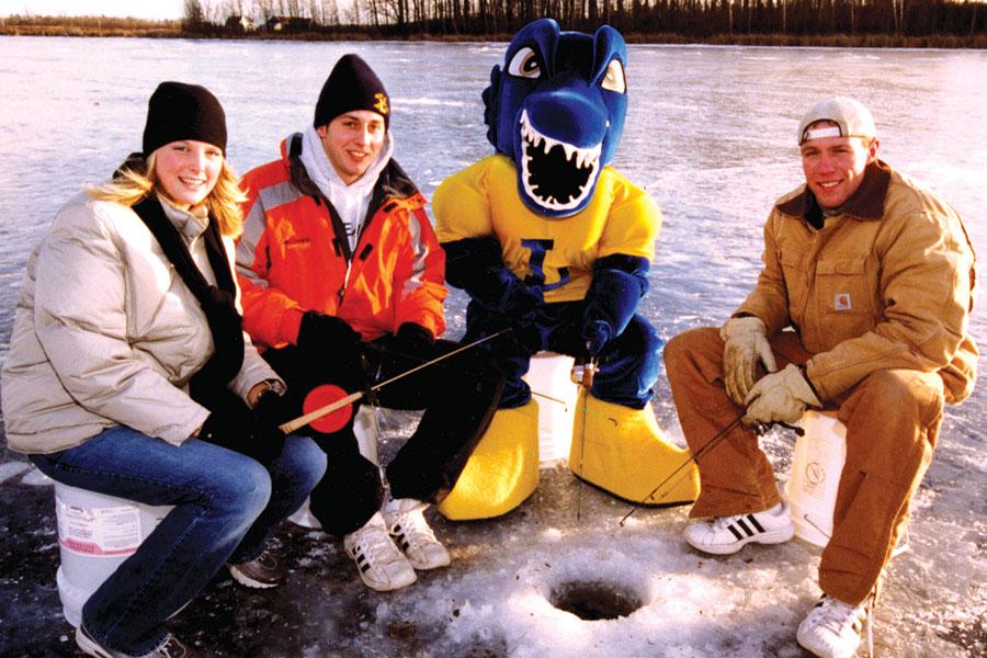The outdated Musko mascot goes ice-fishing with his friends. 