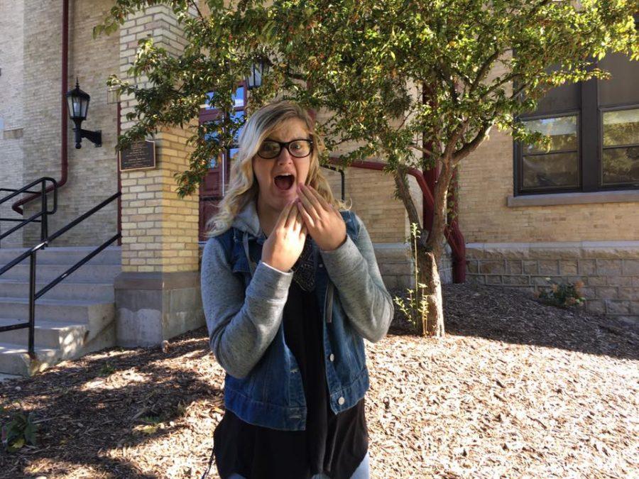 Alexia Samsal, sophomore psychology major, is shocked when she finds out there have been clown sightings on campus.