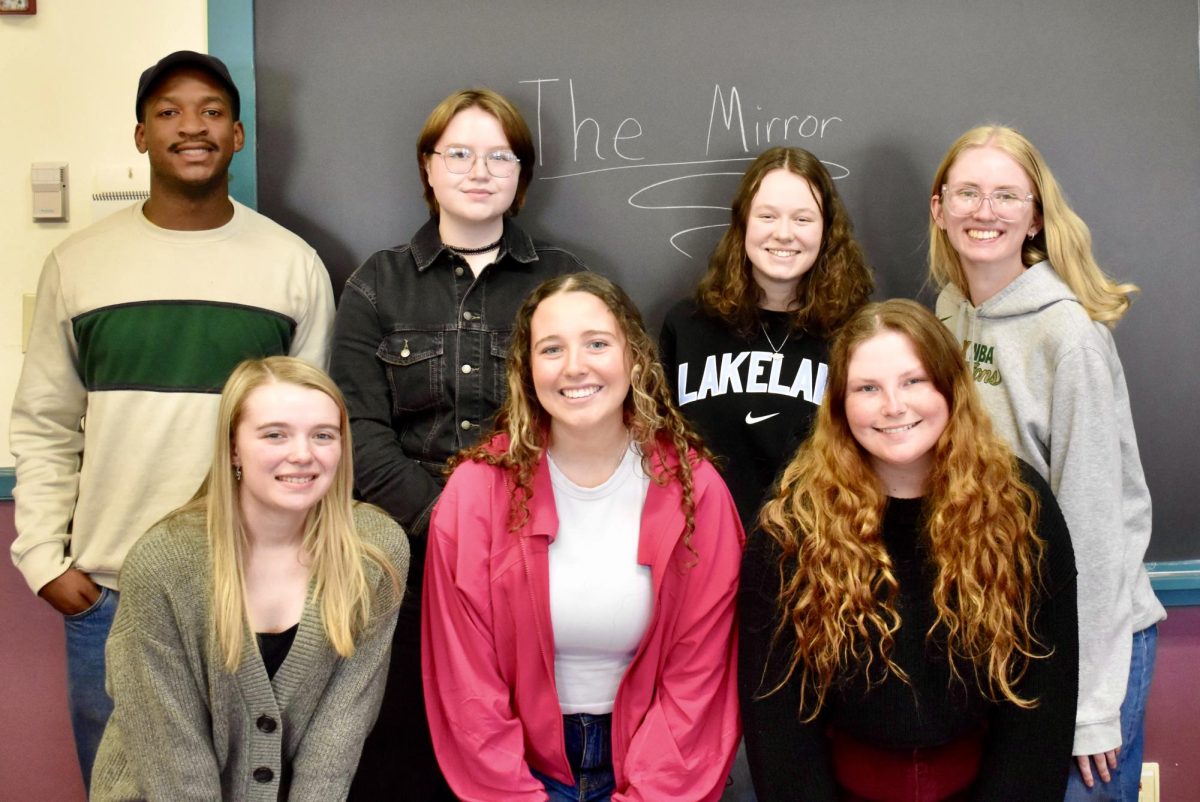 The Mirror Spring 2025 Staff. Top row from the left, Jeremy Kobe, Yvonne Kumrow, Sarah Stege and Madeline Wohlgemuth. Bottom row from the left, Samantha Klusman, Isabella Wolf and Jenna Winge. 