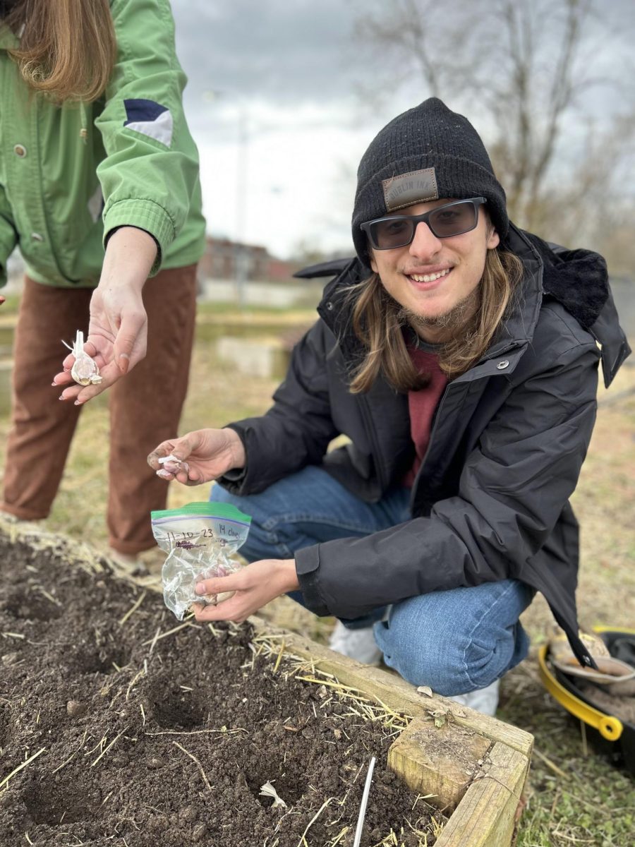 Jonah Heisler, a student in the fall 2023 Honors seminar, plants garlic in the Lakeland University Garden.
