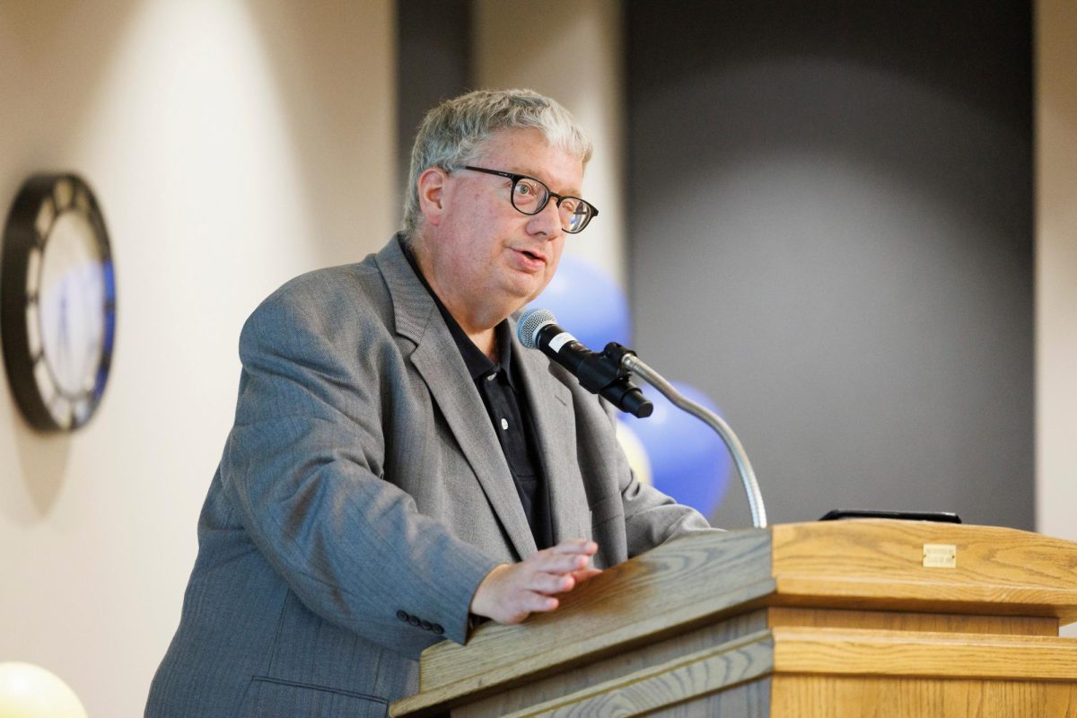 David Gallianetti speaks to the alumni during homecoming weekend. Photo released by David Gallianetti.